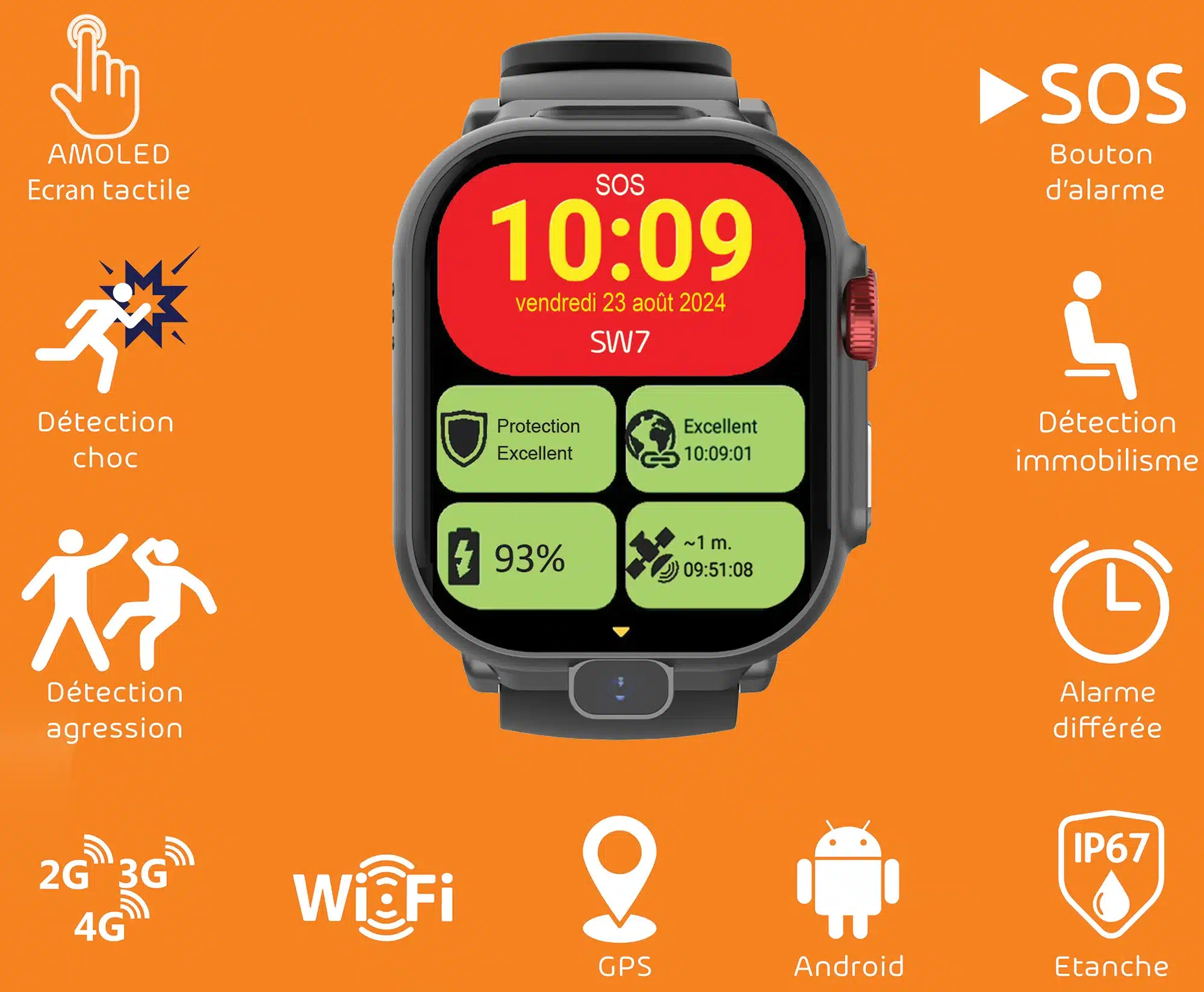 Montre PTI SafeWatch SW7: bouton d&amp;amp;amp;amp;#039;alarme SOS, écran tactile, détection immobilisme, agression, choc, alarme différée, étanche IP67, WIFI, GPS, Android