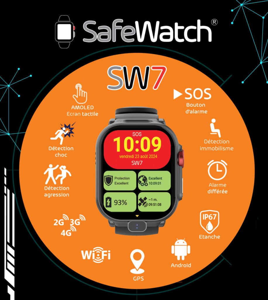 Montre PTI SafeWatch SW7: bouton d'alarme SOS, écran tactile, détection immobilisme, agression, choc, alarme différée, étanche IP67, WIFI, GPS, Android