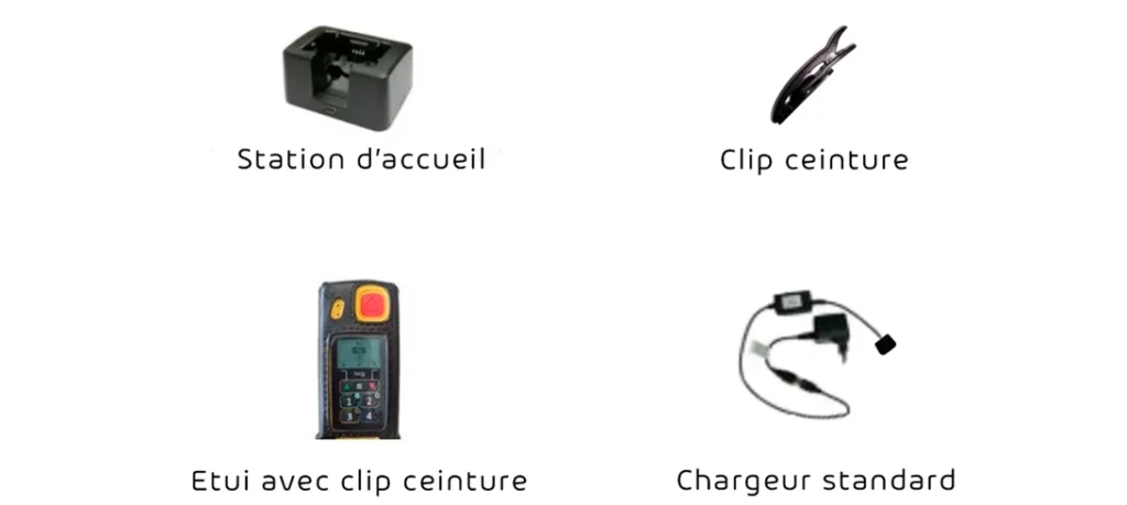 Accessoires du DATI 4 Touches ATEX : Station d'accueil, clip ceinture, étui avec clip ceinture, chargeur standard