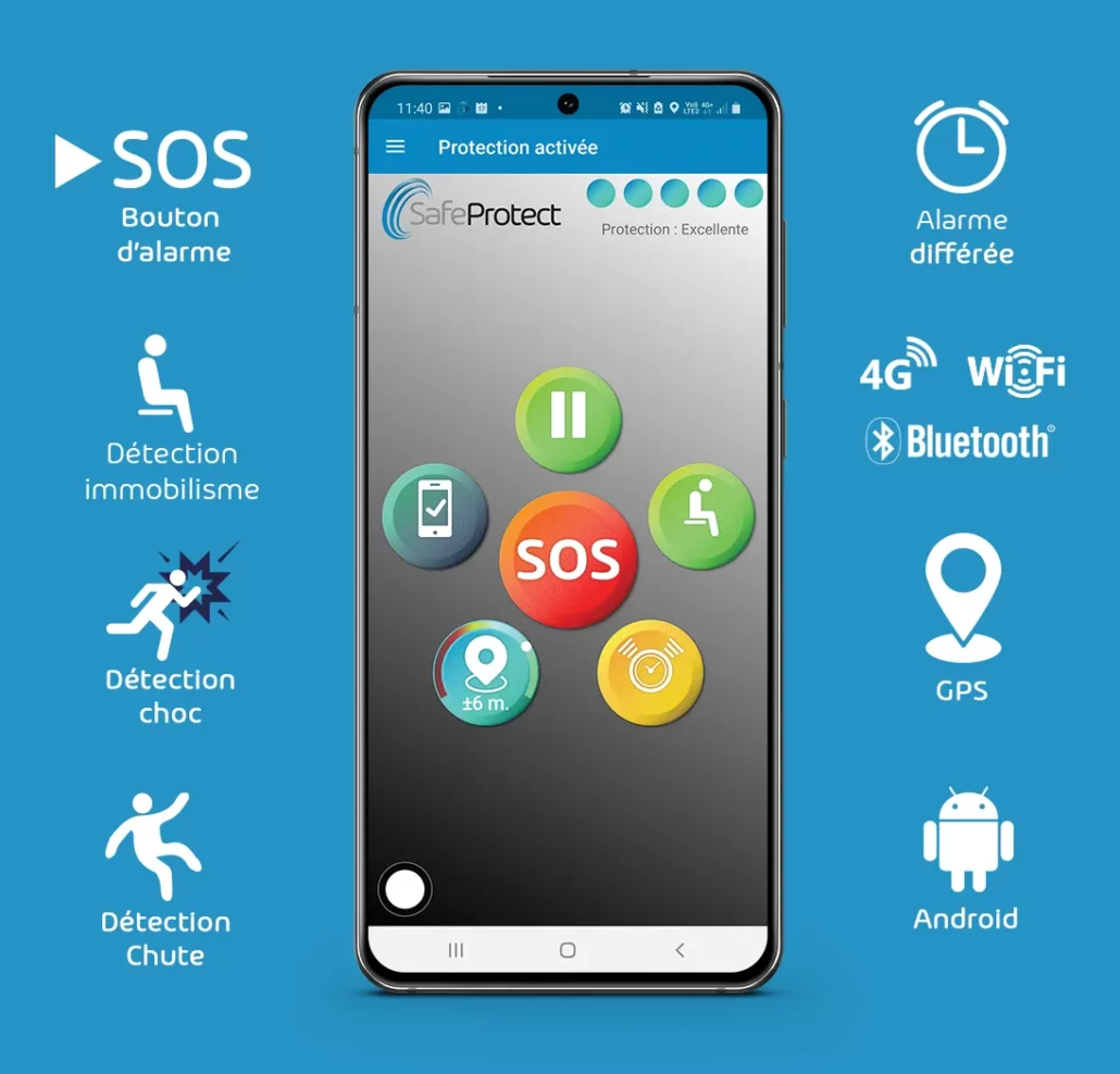 Application PTI SafeProtect: Détection immobilisme, choc, chute, SOS volontaire, alarme programmée