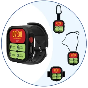 Dati multiport SafeWatch SW7 : port montre, mousqueton, tour de cou, ceinture.